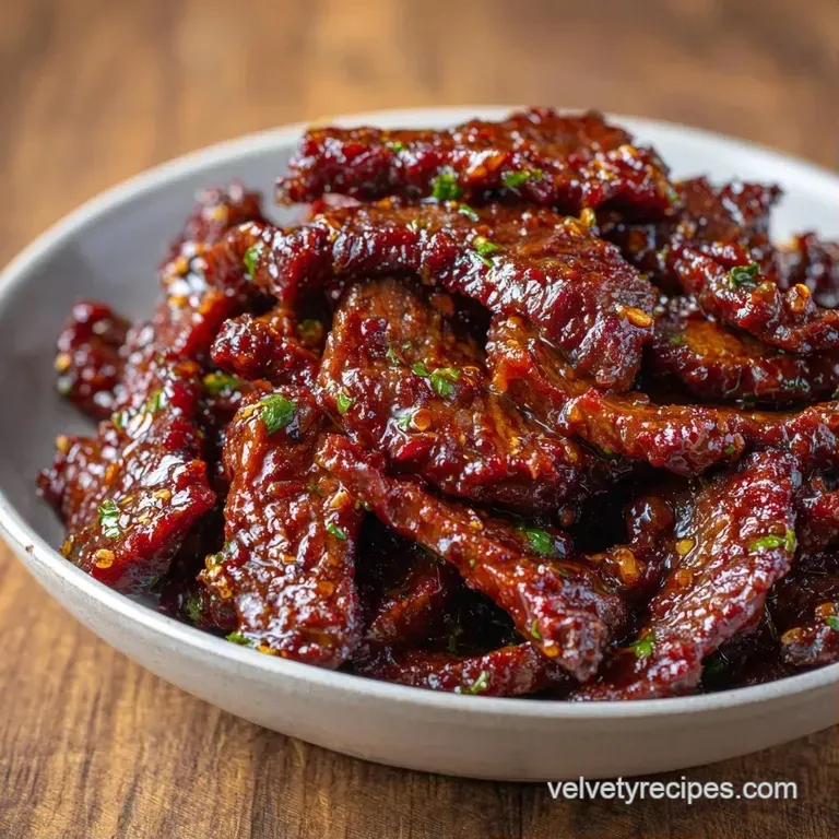 Tender beef strips and bright orange carrots neatly plated on a white dish, garnished with toasted sesame seeds.