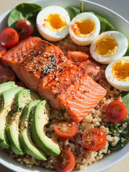 Grilled Salmon and Quinoa Bowl with Avocado and Eggs