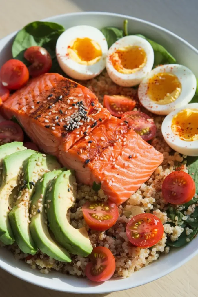 Grilled Salmon and Quinoa Bowl with Avocado and Eggs