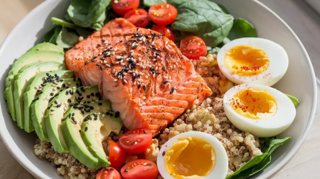 Grilled Salmon and Quinoa Bowl with Avocado and Eggs recipe