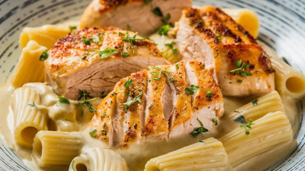 Creamy Garlic Butter Chicken and Rigatoni in Parmesan Sauce