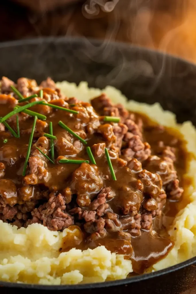 Ground Beef and Gravy Over Mashed Potatoes